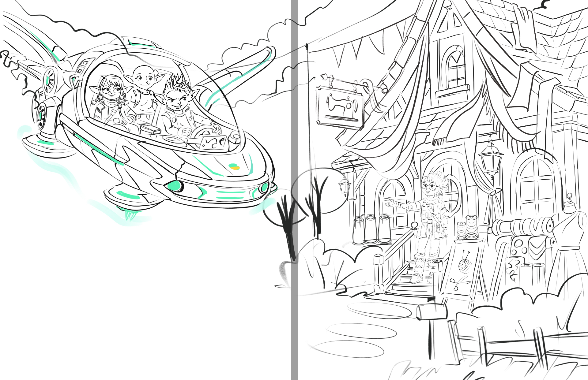 Goblin Glider 3000 arriving at Whizzle's Cottage — sketch