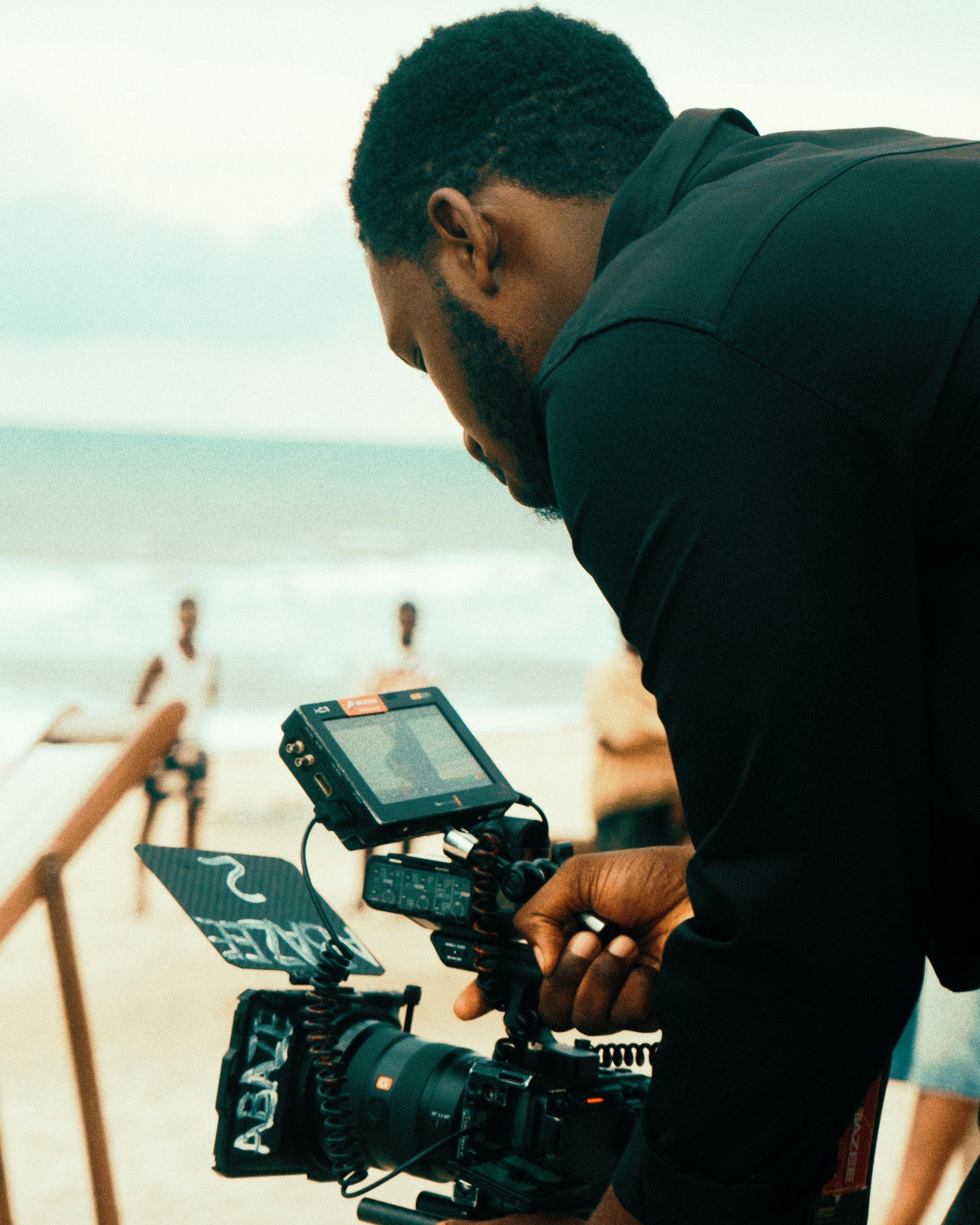 Cinematic film set with crew and lighting rig